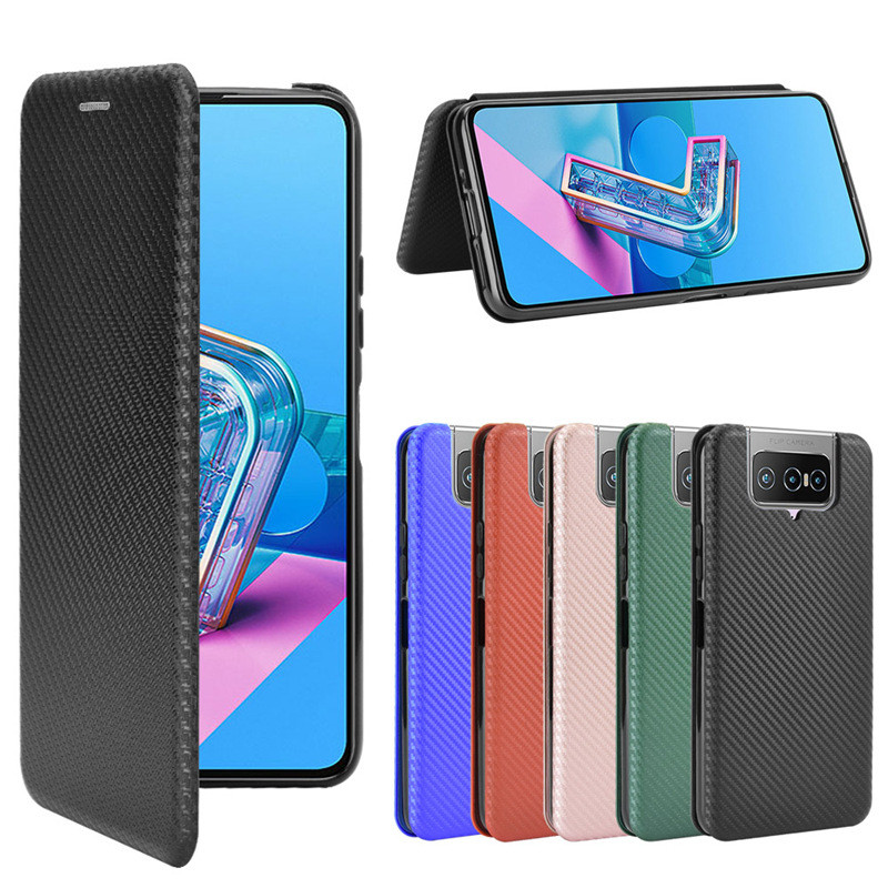 日本書本式防摔殼 ASUS 華碩Zenfone7手機套插卡Zenfone8 Flip磁扣翻蓋耐髒耐磨碳纖維皮套