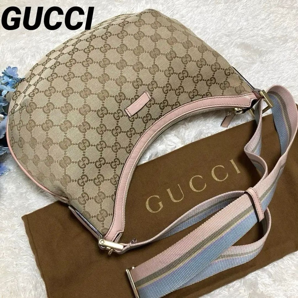 GUCCI 古馳 肩背包 GG Canvas 帆布 粉紅色 米色 付袋子 GG紋 mercari 日本直送 二手