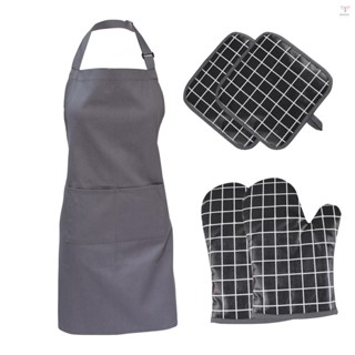 5 件裝烤箱手套鍋架帶口袋和圍裙棉襯裡矽膠塗層表面耐熱廚房手套,帶印花網格圖案防水圍裙,適用於廚房 C