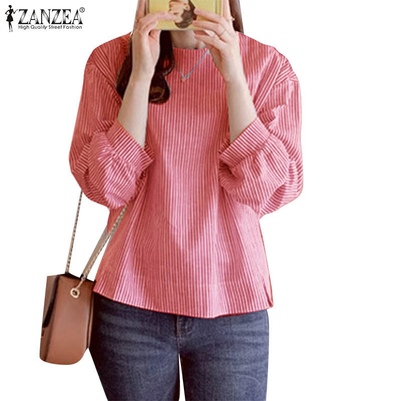 Zanzea 女式時尚圓領長袖寬鬆條紋襯衫