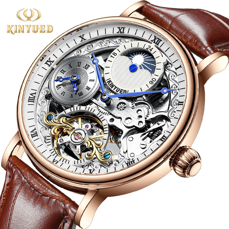 KINYUED 男士手錶 鏤空陀飛輪全自動男士機械手錶 真皮錶帶腕錶 機械錶 K032