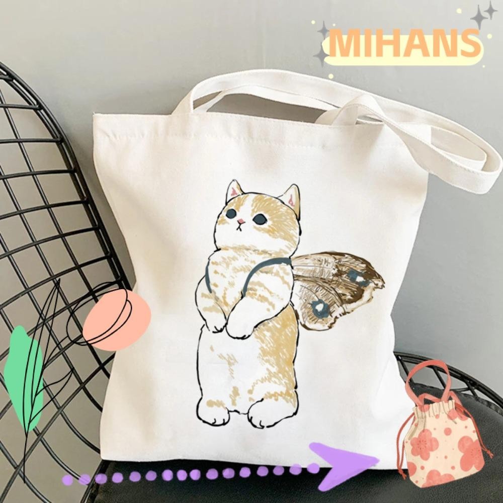 MIH卡通印花包包,可愛Cat印刷帆布單肩包,大容量手提袋