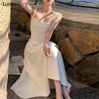 洛陽牡丹 女士夏季時尚甜美風素色吊帶洋裝法式a字裙氣質收腰方領長裙