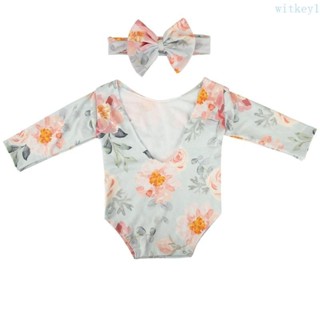 Wit 2 件新生兒攝影道具嬰兒花卉印花連身衣頭帶套裝嬰兒照片蝴蝶結髮帶