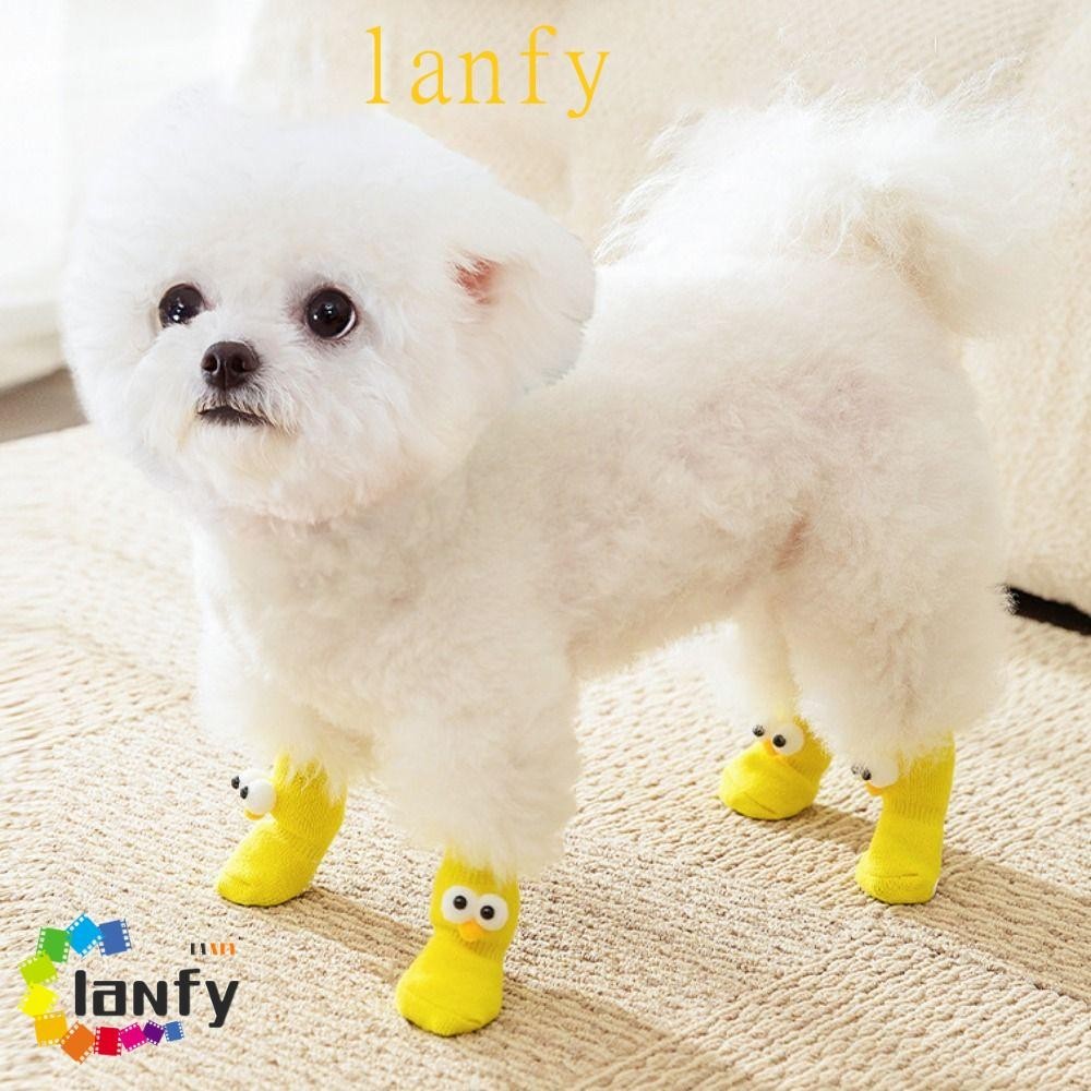 LANFY4件/套防滑狗襪,卡通舒適大眼睛寵物襪,通用透氣螞蟻滑倒軟寵物襪腳套四季