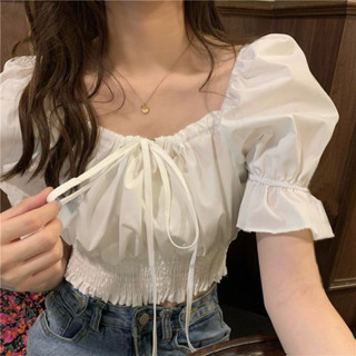 💖臺灣出貨💖泡泡袖襯衫 短袖襯衫 短版上衣 女裝 泡泡袖一字肩上衣女夏新款韓版甜美心機短款收腰小眾設計感襯衫潮