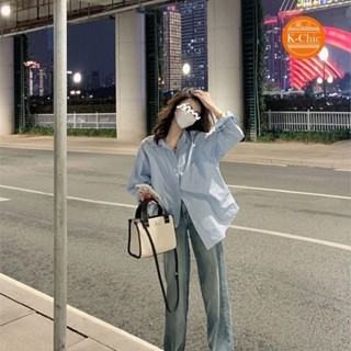 【K-Chic】高階感藍色POLO領長袖襯衫外套女秋季寬松休閑開衫襯衣中長款上衣 休閒上衣 休閒襯衫 長袖襯衫 長袖上衣