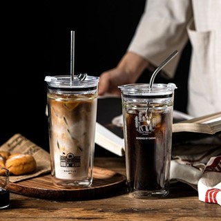 大容量雙層吸管杯女生高顏值雙飲口咖啡杯家用耐熱玻璃杯帶蓋水杯