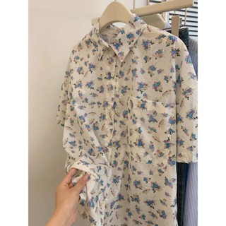 【HOT 本舖】 慵懶風寬鬆百搭短袖碎花襯衫女夏季海邊度假翻領薄款外搭防曬襯衣