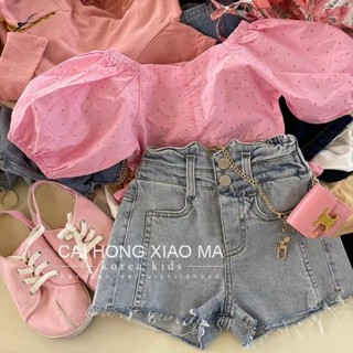 ✨夏季熱賣✨女童套裝兒童兩件式套裝夏季中大童粉色泡泡袖上衣2粒扣牛仔短褲套裝小女孩洋氣荷葉邊上衣牛仔短褲夏天衣服正韓5