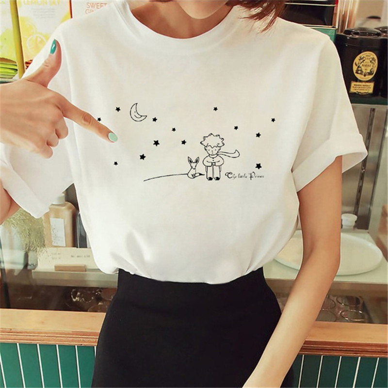 Little Prince T-Shirt卡通小王子印花圖案寬鬆卡通歐美白色t恤女moxuan888