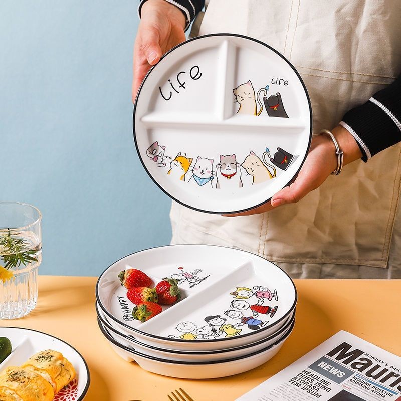 【素素】分格減脂分餐盤一人食網紅早餐餐具家庭兒童陶瓷三格減肥定量盤子
