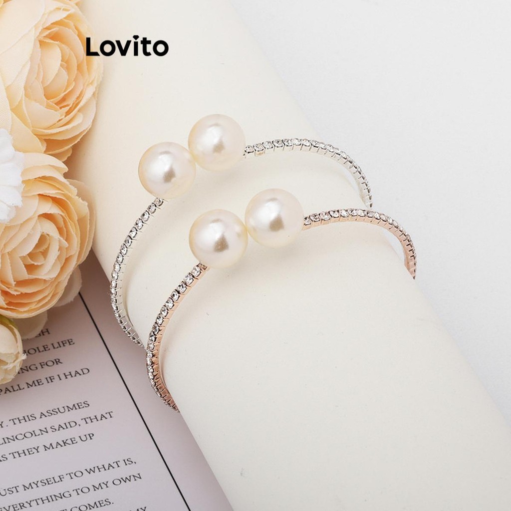 Lovito 女士休閒素色珍珠水鑽手鍊 LFA28389