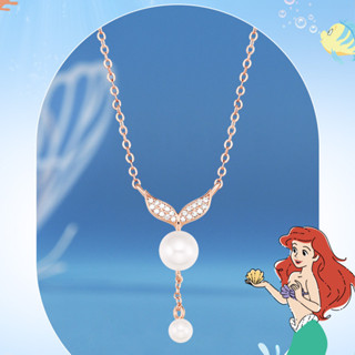 迪士尼美人魚珍珠項鍊,女士銀首飾配閃亮珍珠