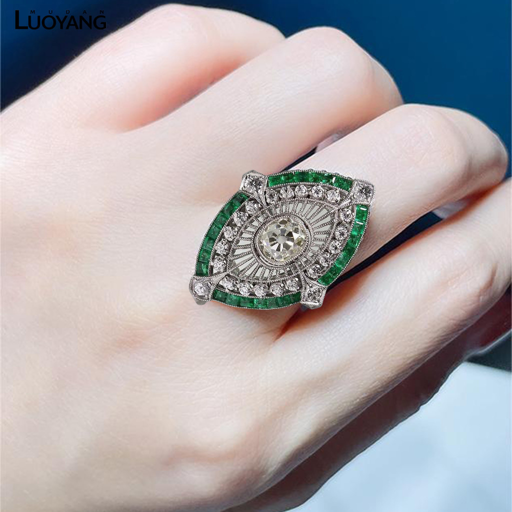 洛陽牡丹 飾品祖母綠微鑲鑽石雙色戒指女士戒指女