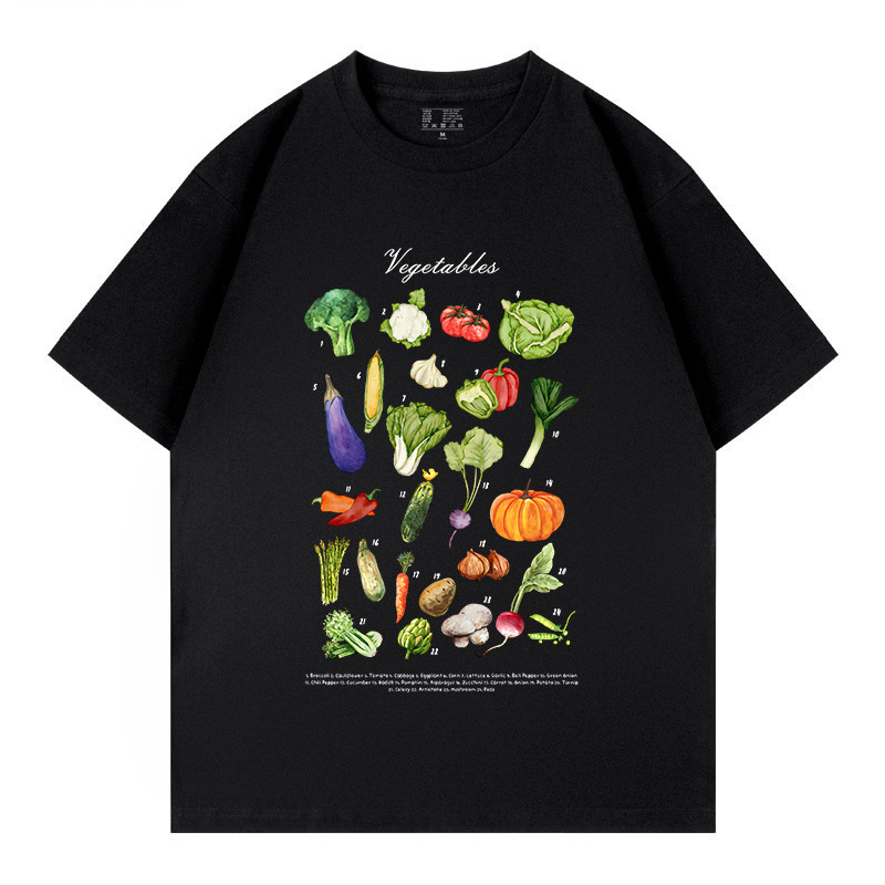 蔬菜合集趣味手繪番茄南瓜蘿蔔青菜純兒童啟蒙印花男女同款XS-3XL圓領短袖上衣T恤女童男童尺寸110-150青少年學生短