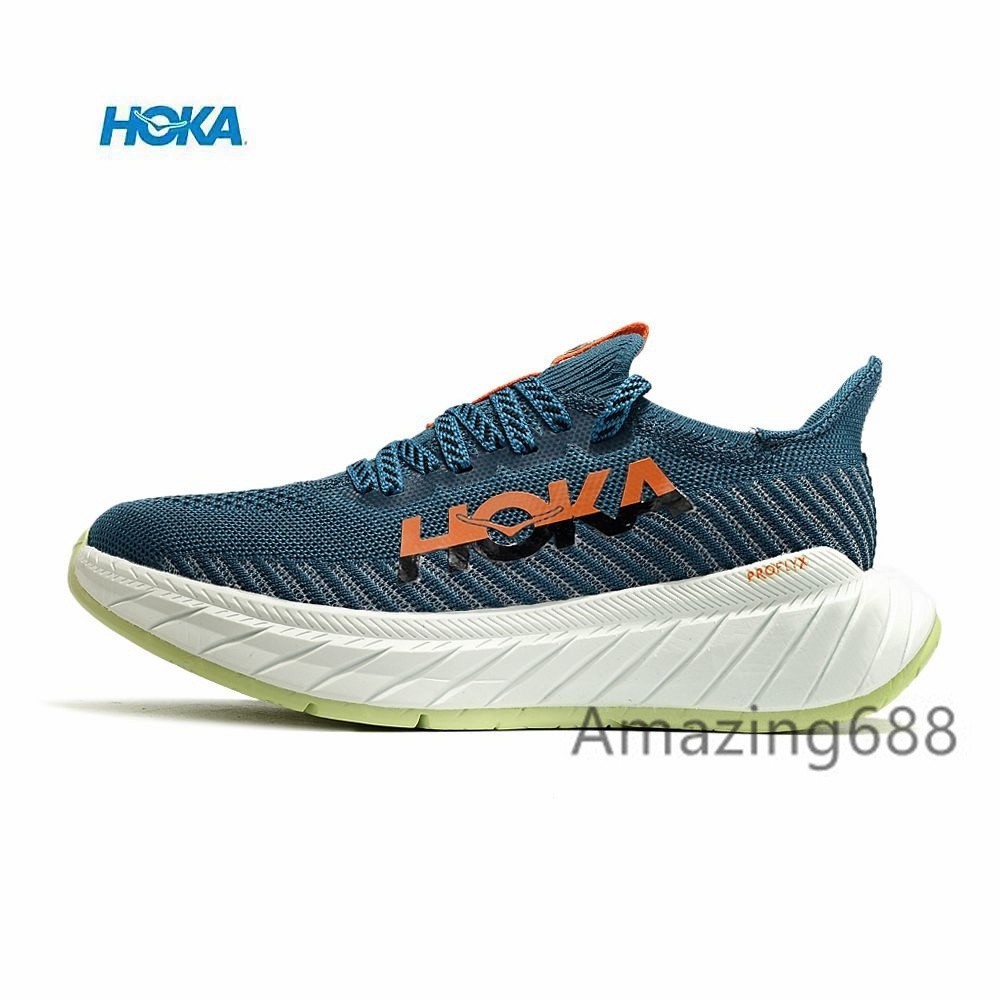 Hoka Carbon X3 賽車板減震彈力跑鞋運動防滑鞋藍/白尺碼 36-45