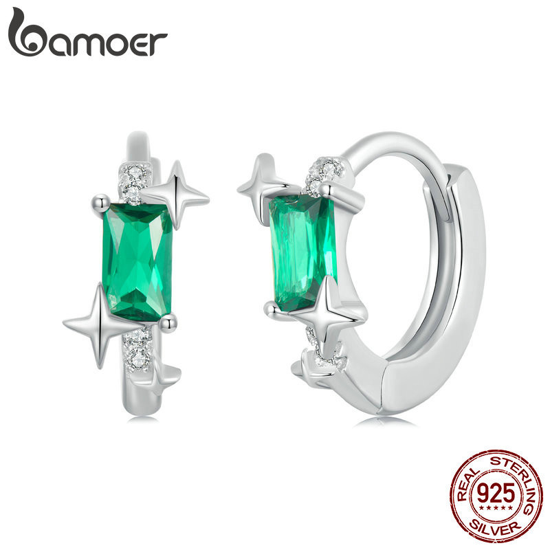 Bamoer 925 純銀圈形耳環翡翠綠星星設計珠寶禮物女士