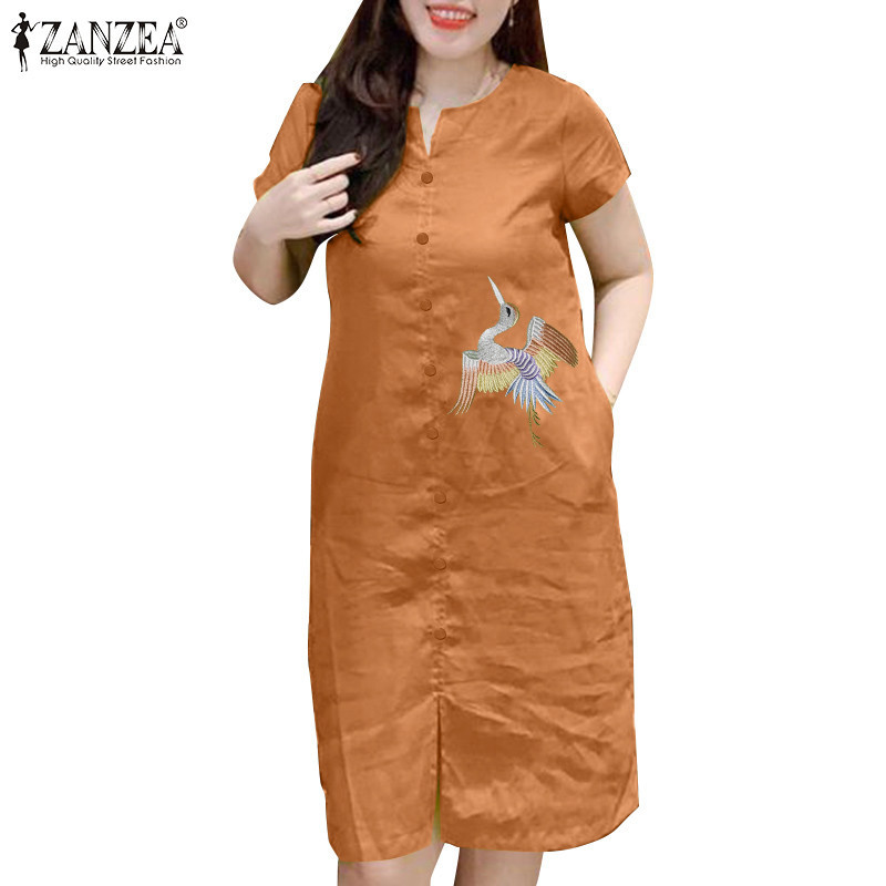 Zanzea 女式韓版 V 領短袖口袋搭扣刺繡連衣裙