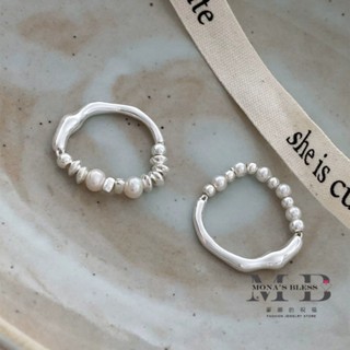 925純銀不規則液態流線珍珠戒指女韓系博主時髦指環銀飾 KSAY