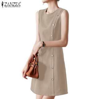 Zanzea 女式韓版時尚圓領拉鍊裝飾鈕扣腰帶無袖連衣裙