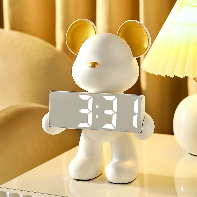 【現貨】暴力熊LED創意鏡面鬧鐘臥室桌面鐘錶擺件多功能電子鐘檯鐘時鐘