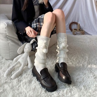 【唯家】 高品質可愛甜美腿套秋冬保暖蝴蝶結襪套女lolita日系jk純色毛球堆堆襪子
