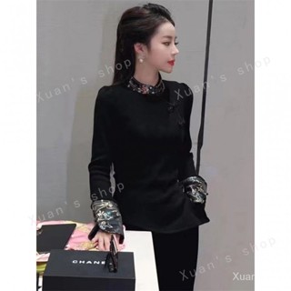 Xuan🥨 今年流行宮廷風絲絨上衣 中國風時尚國風盤扣絲絨打底衫女鞦鼕新款氣質高檔洋氣襯衫上衣
