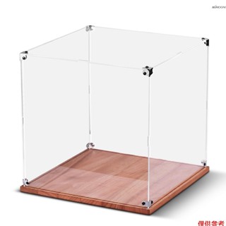 方形透明亞克力展示盒帶防塵蓋 實木底座 易於組裝 25*25cm多功能藏品手辦足球棒球展示架 家庭玩具物品收納盒 透明