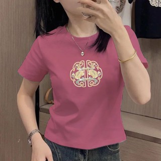 胖胖美依 上衣 T恤 短袖上衣 S-2XL圓領國風別緻小衫氣質上衣士夏季日常復古設計感襯衫-5262.