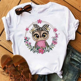 cute owl T-shirts大尺碼可愛貓頭鷹春夏短袖ins寬鬆潮流女短袖T恤