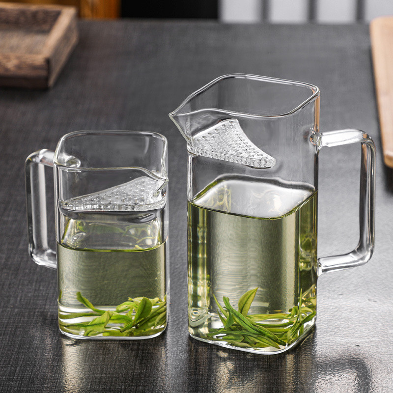 玻璃泡茶杯帶把綠茶杯加厚耐高溫月牙杯方形玻璃帶過綠茶杯分茶器