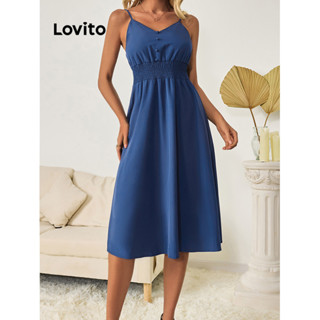 Lovito 女款休閒素色縮褶前扣款洋裝 LBL09020