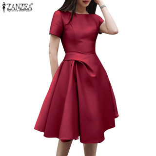 Zanzea 女式韓版時尚船領拉鍊短袖腰帶褶襉下擺連衣裙