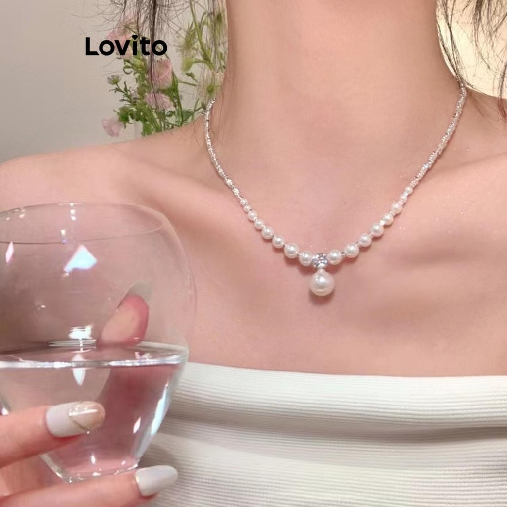 Lovito 女士優雅素色珍珠水鑽串珠項鍊 LFA28133