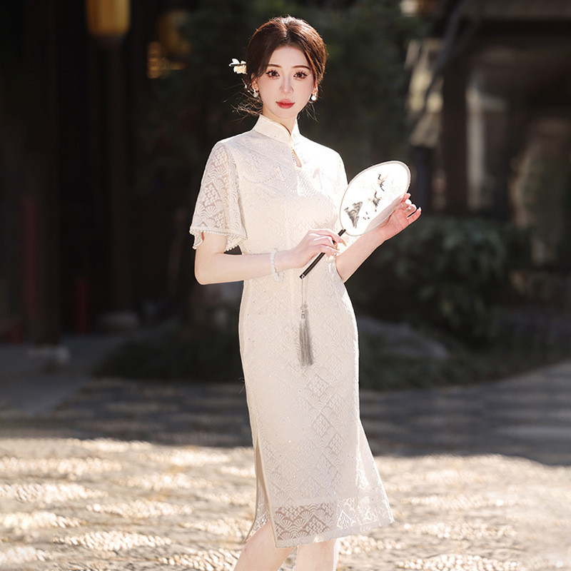 白色駕照旗袍晚禮服小訂婚禮服中式高檔改良蕾絲修身版型cywm
