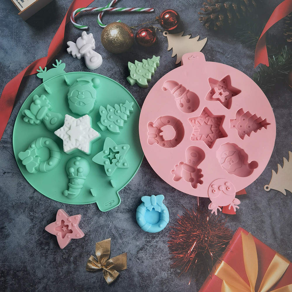 圓形7連耶誕模具 矽膠模具雪人耶誕樹餅乾模具滴膠香薰蠟燭模具