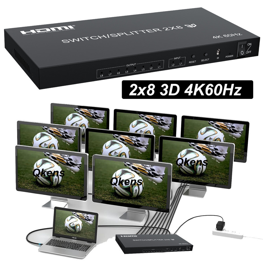 4k 60hz HDMI 開關分配器 2x8 開關 2 進 8 出 3D 視頻轉換器 HDMI 分配器 1 對 8 同屏