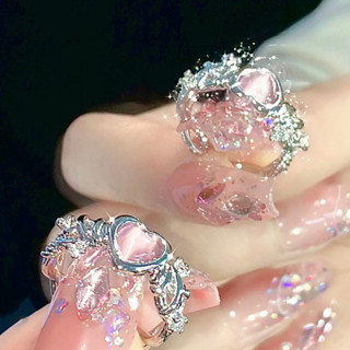 小眾設計 粉色愛心 荊棘 仿貓眼鋯石戒指 時尚氣質 百搭指環