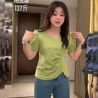 300斤大碼女裝微胖mm甜辣正肩遮肉短袖T恤夏新款設計心機透氣上衣 顯瘦上衣 短袖T恤 大碼t 夏天衣服【PAPA】