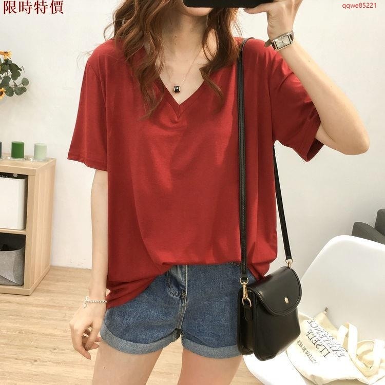 M-4XL 韓版女裝 寬鬆上衣女 短袖T恤女 大尺碼上衣女 大碼女裝 短袖女 寬松上衣女 韓國韓系女裝 女生衣著 V領あ