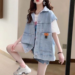 MOMO牛仔馬甲女網紅時尚春秋寬鬆顯瘦百搭設計感大碼馬夾坎肩無袖外套DYJ☆