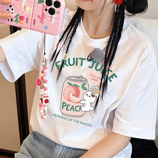 【Wen's Shop🍀臺灣】休閒圓領女生短袖t恤 兔子印花純棉大尺碼短t 水蜜桃兔子卡通圖案設計感夏天短袖上衣 366