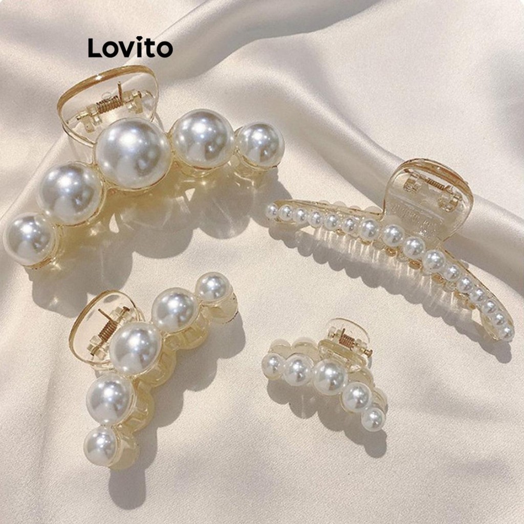 Lovito 優雅素色珍珠氣質輕奢女髮夾 LFA21381