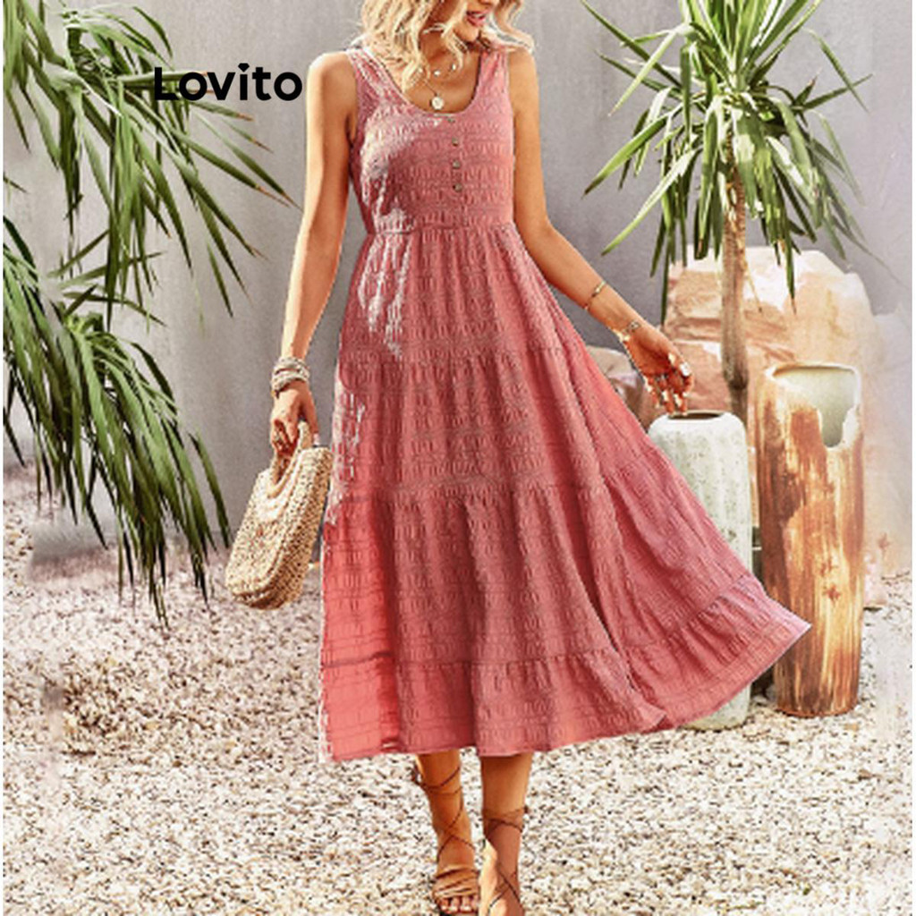 Lovito 女士波西米亞風素色連結洋裝 LNL40037