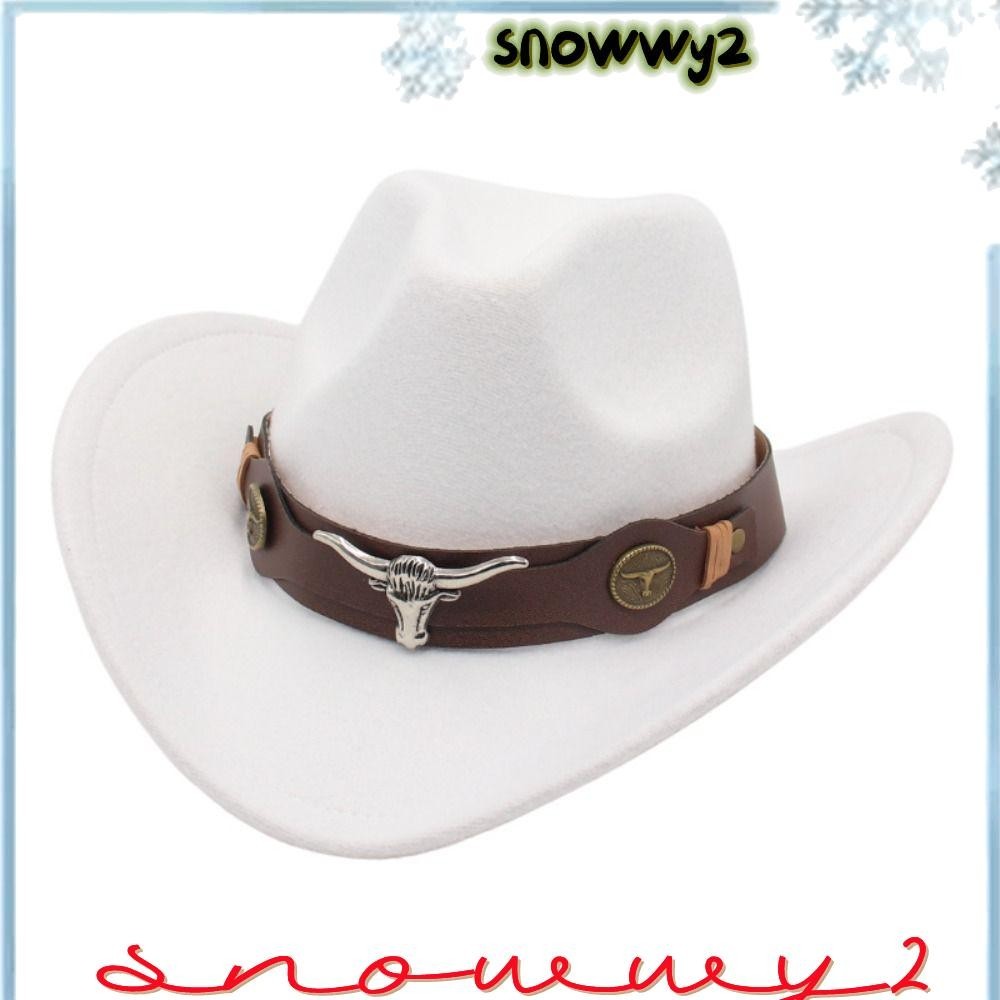 SNOWWY2西部牛仔帽,毛氈牛頭配件藏式禮帽,新的民族風格與牛樂隊柔軟的捲邊牛仔女帽兒童
