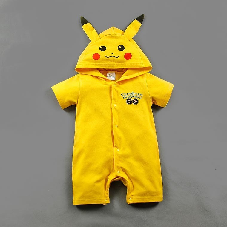 嬰兒服裝短袖連帽 皮卡丘寶寶哈衣 黃色連身衣