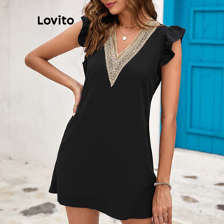 Lovito 女士優雅素色蕾絲荷葉邊洋裝 LNL43210