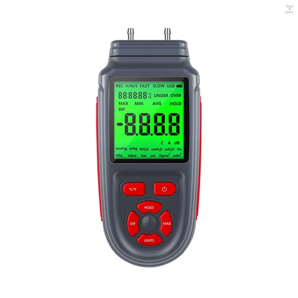 數字壓力表雙端口空氣氣體壓力測試儀帶 LCD 背光顯示的差壓表,電池或 USB 電纜供電,支持溫度測量 °C/ °F
