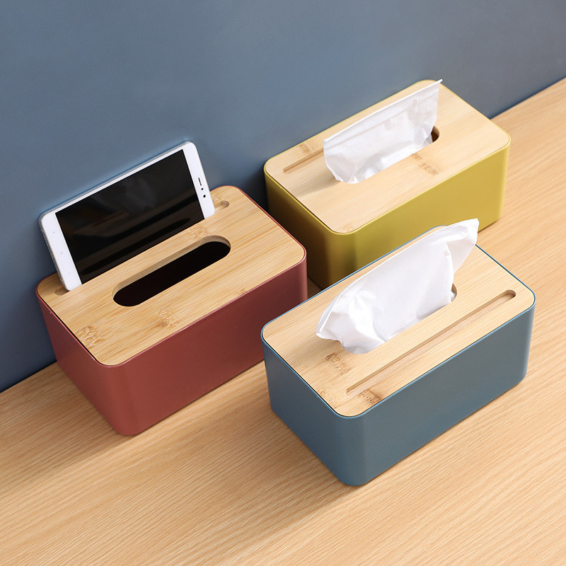 現代簡約可放手機擦手紙盒 竹木蓋紙巾盒 抽紙面紙盒 餐巾紙盒 手機置物架